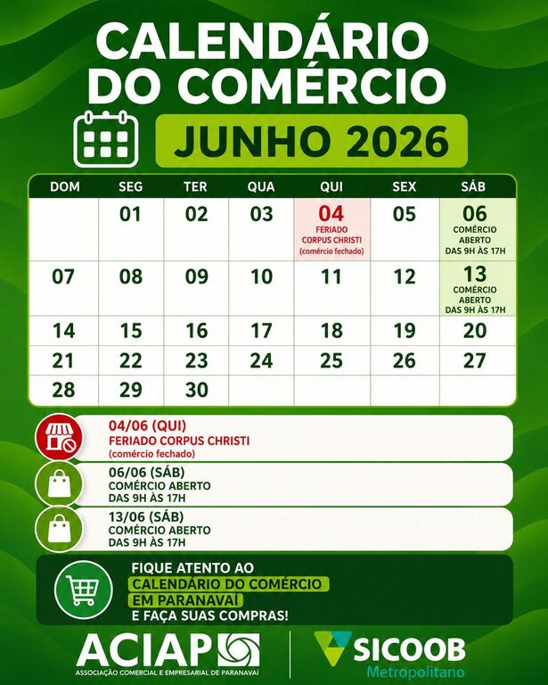 Comércio de Paranavaí terá horário especial em junho e fecha no feriado de Corpus Christi